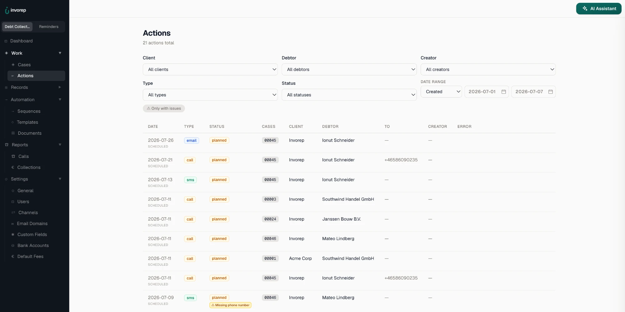 Actions list: scheduled emails, SMS and calls across all cases with status and filters