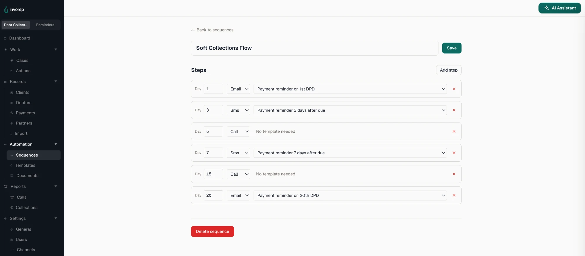 Sequence builder: a soft collections flow with email, SMS and call steps scheduled by day