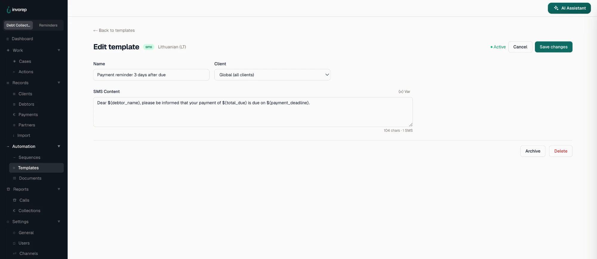 Template editor: an SMS payment reminder in Lithuanian with merge variables